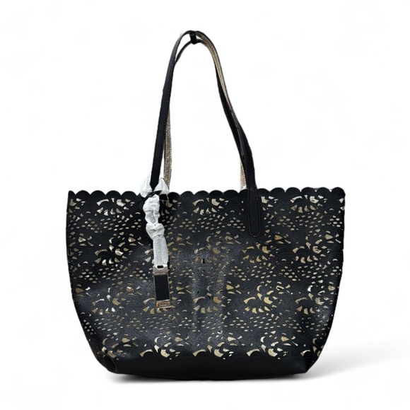 Chaps Women's Alivia Laser Cut Perforated Reversible Medium Tote Bag Black/Gold - Picture 1 of 8